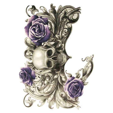 Skull with Purple Roses - Boston Temporary Tattoos